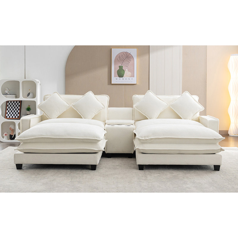 Canapé modulaire de 111 po pour la vie principale, beige, avec deux repose-pieds amovibles, coussin double, hublots, porte-gobelets, rangement et 4 coussins, rangement en tissu d'ameublement respirant en chenille, coussin