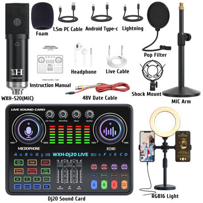 Podcast Equipment Bundle, BAOKALER 48V XLR Large Diaphragm Condenser Microphone with Live Sound Card, Condenser Microphone Bundle for Studio Recording