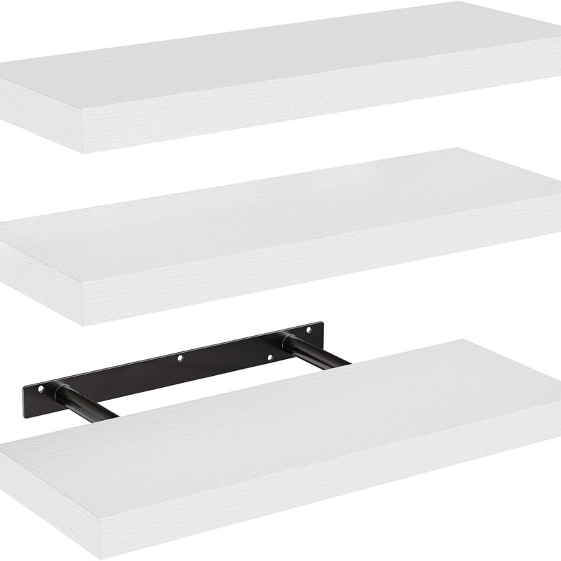 Lot de 3 étagères murales flottantes rustiques en bois, fixation murale invisible, étagères de rangement de style ferme pour la cuisine, la salle de bain et la chambre, blanches