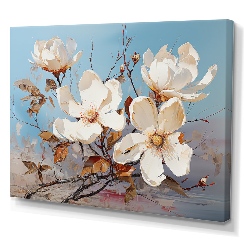 Fleurs de magnolia blanches et bleues sur toile, Toile tendue, H 34 po x l 44 po x P 1,5 po