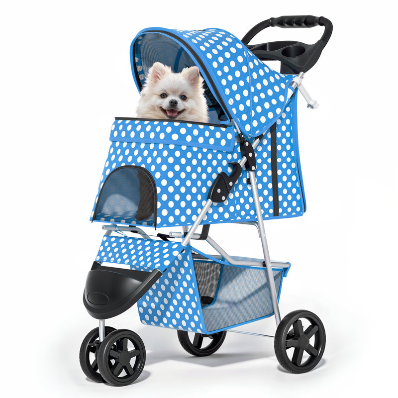 Foldable Pet Stroller, 3 Wheels Folding Carrier Jogger Stroller for Dogs Cats with Canopy and DIY Stickers, Blue/Dots