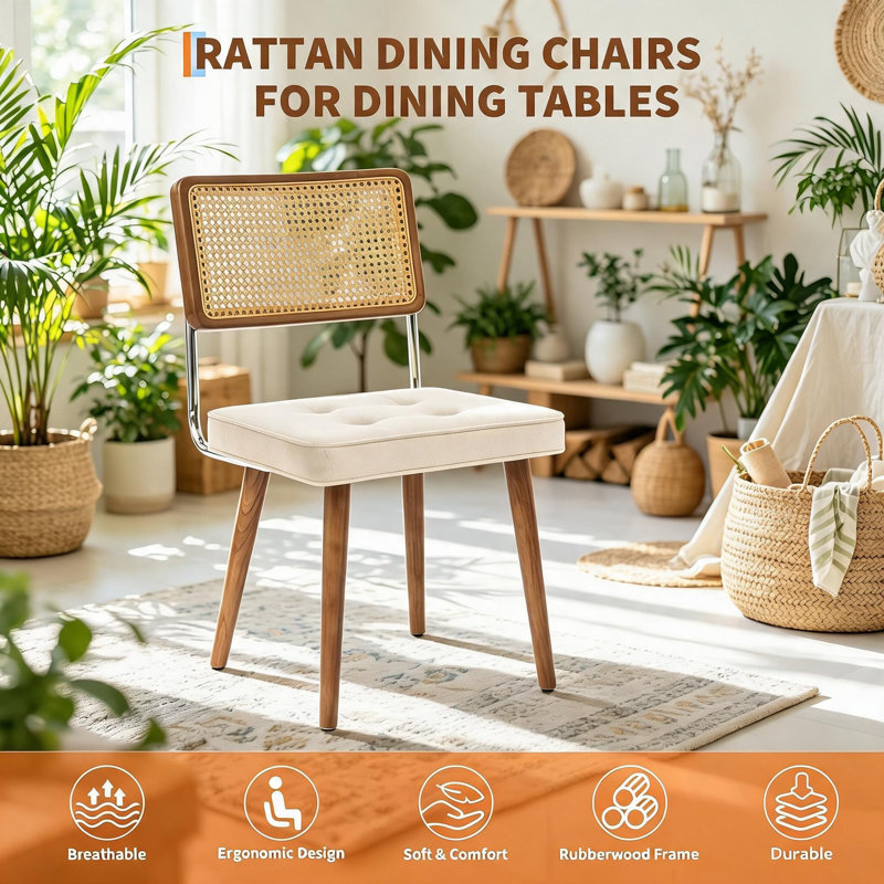 Ensemble de 2 chaises de salle à manger en rotin de style Mid-Century moderne - Siège rembourré en lin beige - Dossier en filet de canne - Structure en bois uni - Décoration confortable pour la salle à manger, la cuisine, le bureau.