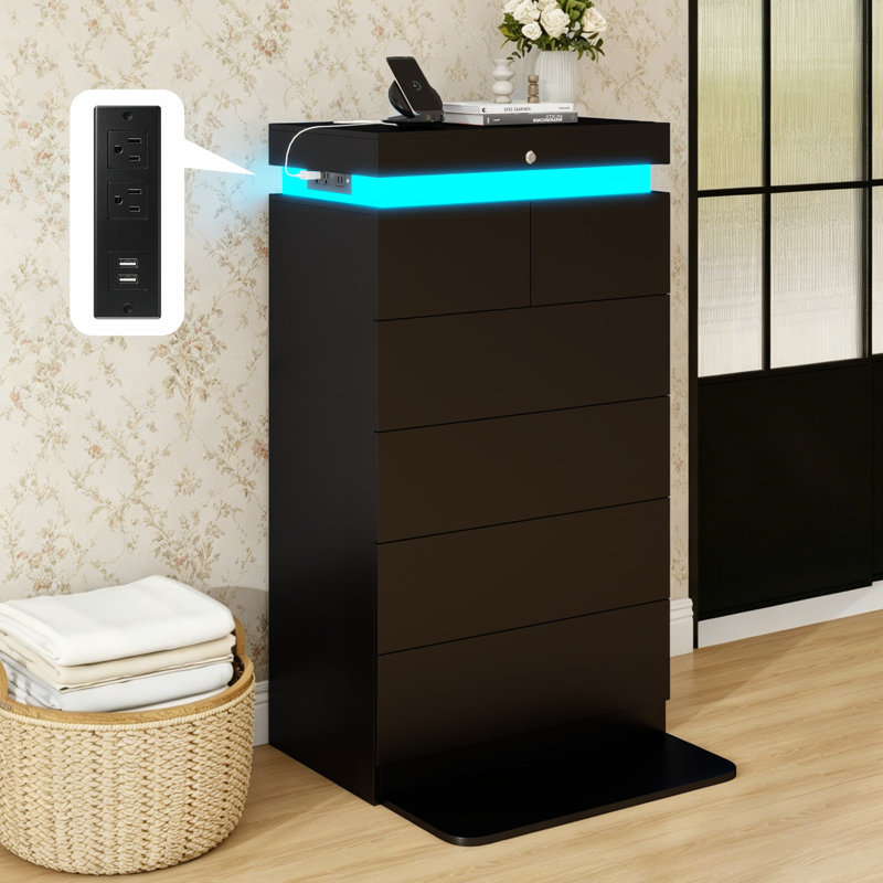 Commode moderne à 6 tiroirs 48,4 po avec lumières DEL, station de charge et rangement dissimulé, Noir