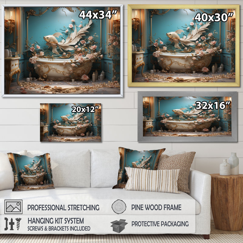 Bathroom Art Deco I - Bath & Laundry Canvas Art Print, Cadre doré à une seule photo, H 16 po x l 32 po x P 1 po