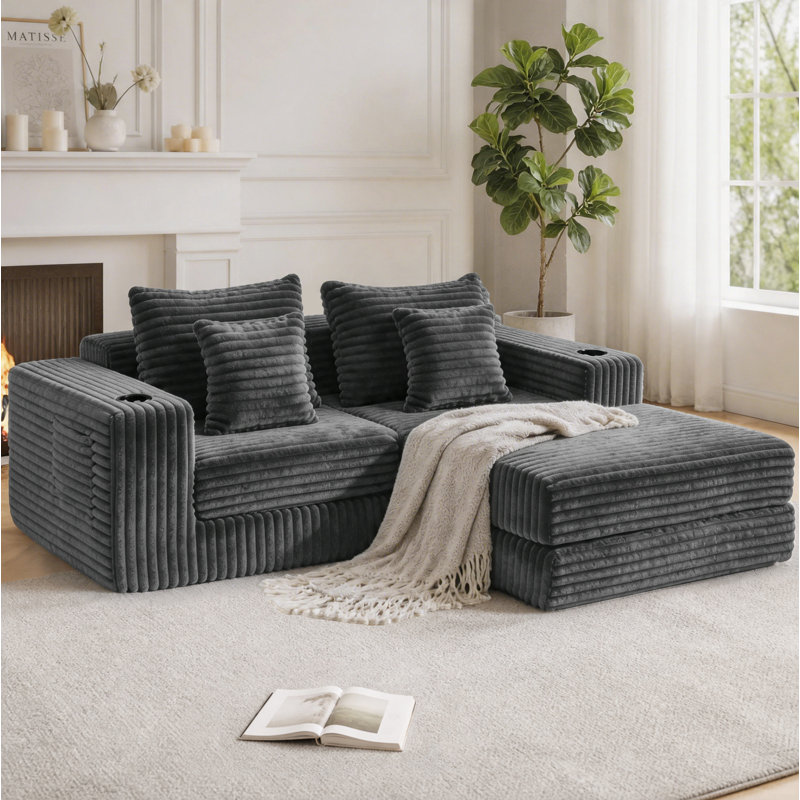 Canapé modulaire 80 po Cloud, canapé-lit en velours côtelé avec assise profonde, méridienne réversible, porte-gobelets et poches latérales, sans canapé d'assemblage, gris