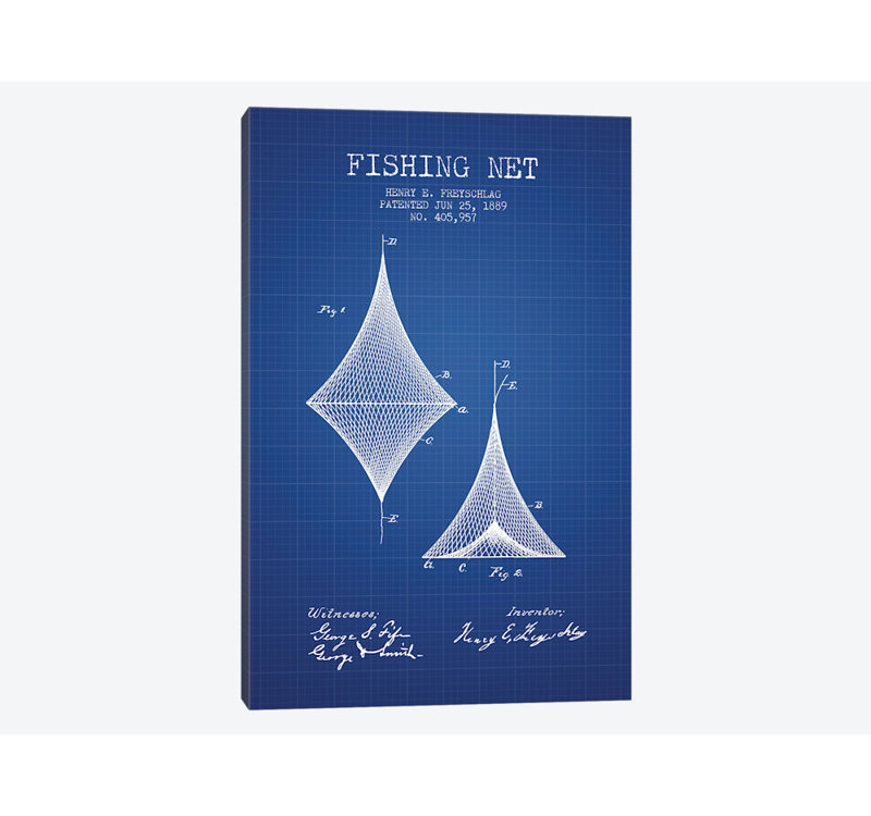 « h.e. freyschlag fishing net brevet croquis », impression sur toile, H 26 po x l 18 po x P 1,5 po, Toile tendue