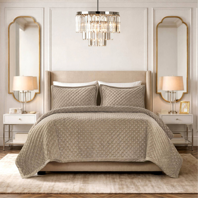 Mini ensemble de couvre-lit en velours 3 pièces, taupe, King Coverlet + 2 Standard Shams, Taupe