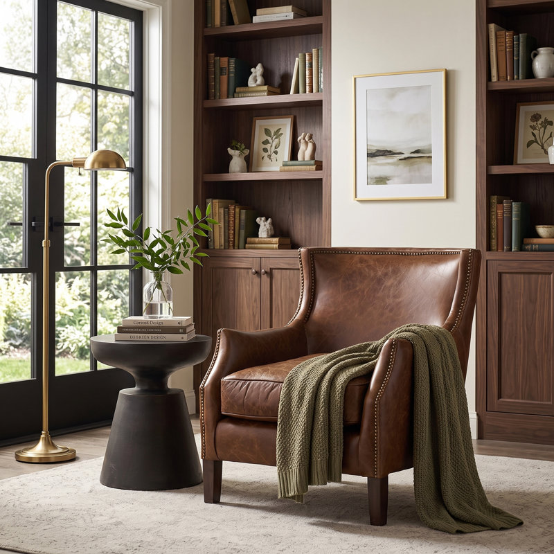 Fauteuil d'appoint Mid-Century moderne en cuir véritable avec cadre en bois massif pour le salon et la chambre à coucher, brun