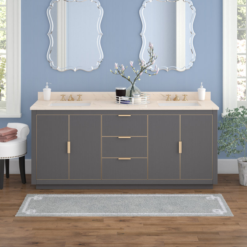 Ensemble de meuble-lavabo double 73 po Salise, Marbre blanc de Carrare / argent, Gris crépuscule