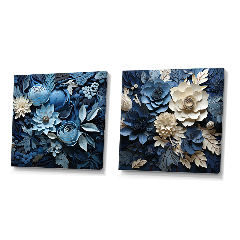 Blue Flower Crafted Delights - Ensemble de 2 collages floraux carrés, Toile tendue, H 16 po x l 33 po