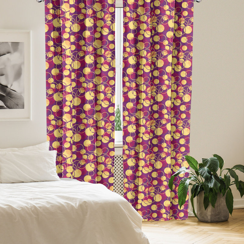 George Oliver Abstract 4-Panel Curtains, Circles and Rings Pattern, Pastel Yellow and Raspberry, 56" W x 63" L