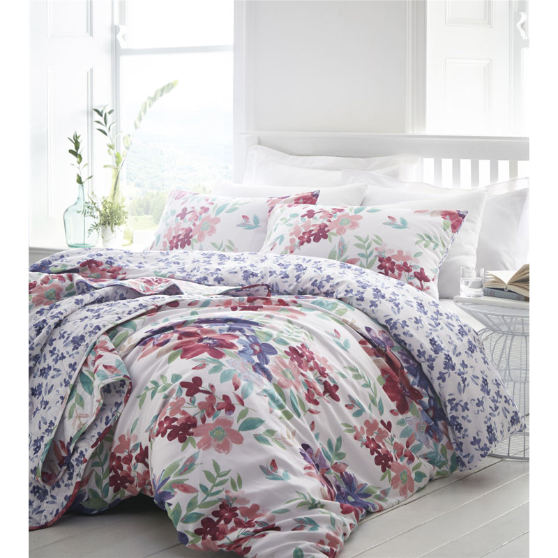 Raya Floral 100% Cotton 200 Thread Count Reversible Duvet Cover Set, Fuchsia, Double Duvet Cover + 2 Standard Pillowcases
