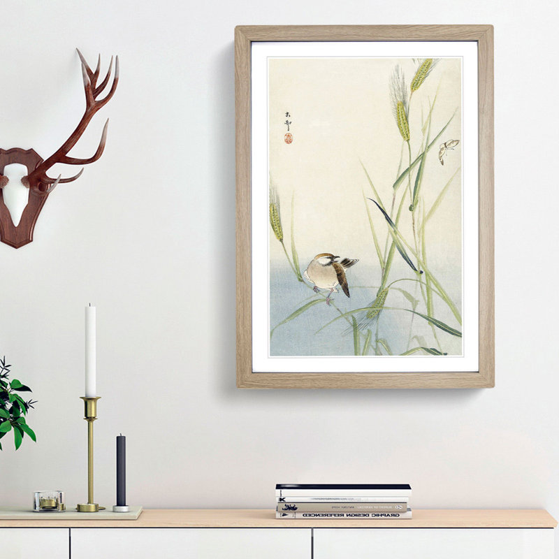 Bird & Butterfly by Ohara Koson - Picture Frame Painting Print, Oak Framed, 36cm H x 27cm W x 2cm D