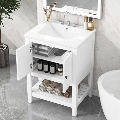 Lavabo de salle de bain moderne élégant en céramique blanche 24 po avec tablette ouverte en bois massif
