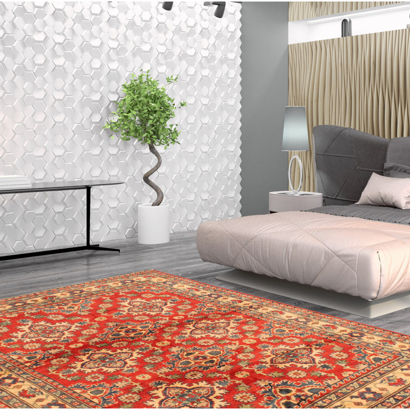 Tapis orange / beige / bleu en laine noué à la main de conception unique 4 pi 9 po x 6 pi 1 po Guria