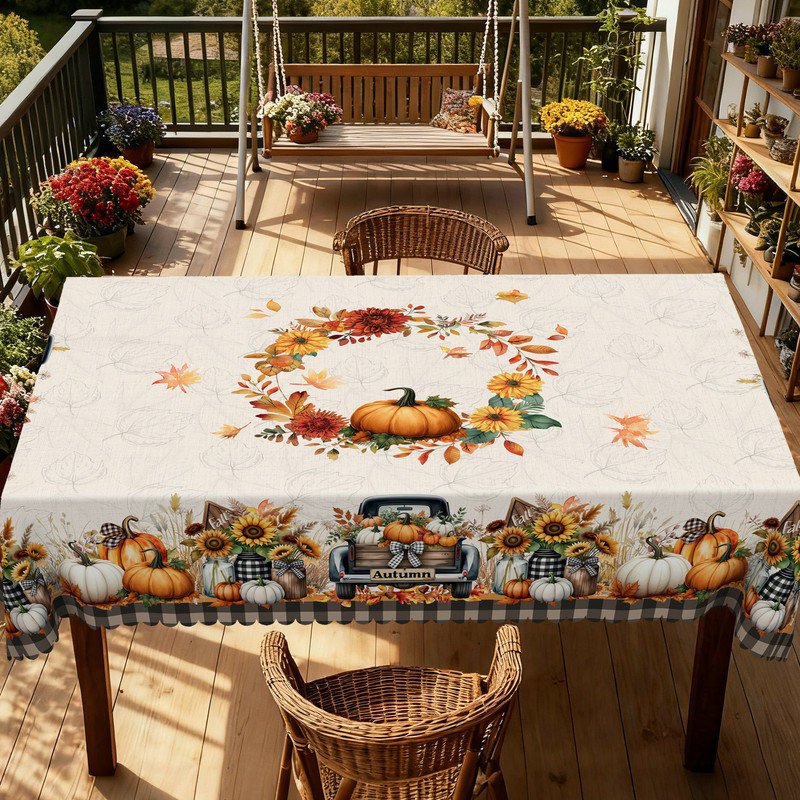 Autumn Harvest Pattern Design Washable Polyester Tablecloth for Daily Home Use, 86.6" L x 70.8" W