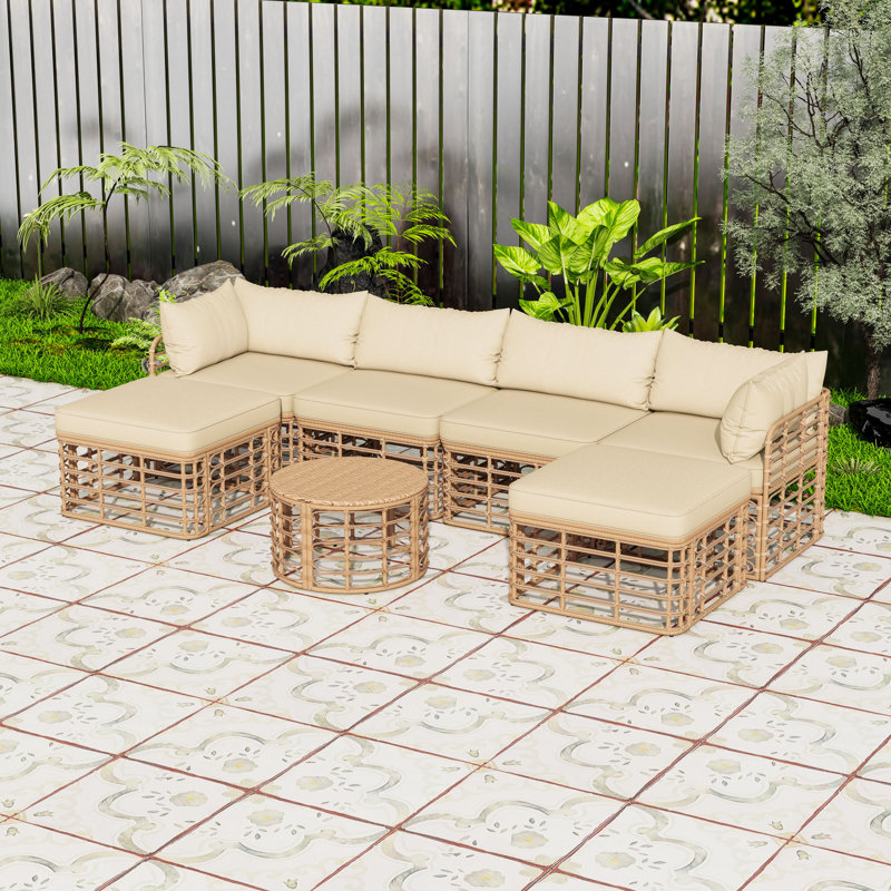 Ensemble de conversation d'extérieur 7 pièces avec coussins, coussins décoratifs et table basse