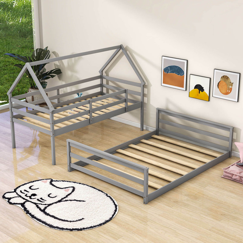 Lit superposé simple au dessus d'un lit double en bois avec échelle intégrée, gris