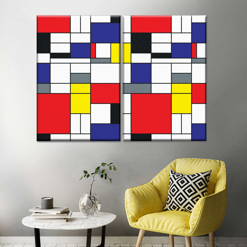 Abstrait géométrique géométrique «Mondrian I», ensemble de 2 reproductions sur toiles 2 pièces, H 12 po x l 17 po x P 1 po