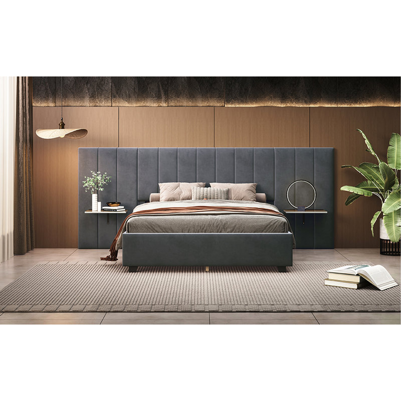Grand lit tapissier gris, avec un look contemporain et élégant en gris, design fonctionnel, Grey