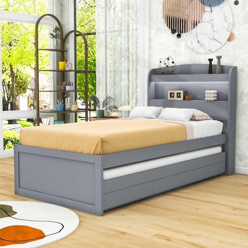 Tienna Twin XL Wooden Platform Bed with LED Headboard, Twin Trundle and Storage Drawers, Gray