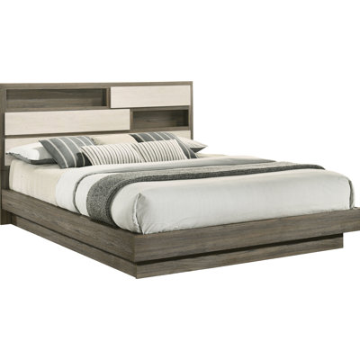 Bookcase Headboard King Bed, Grey Oak, Hidden Storage For Bedside Sunglasses Oak ,