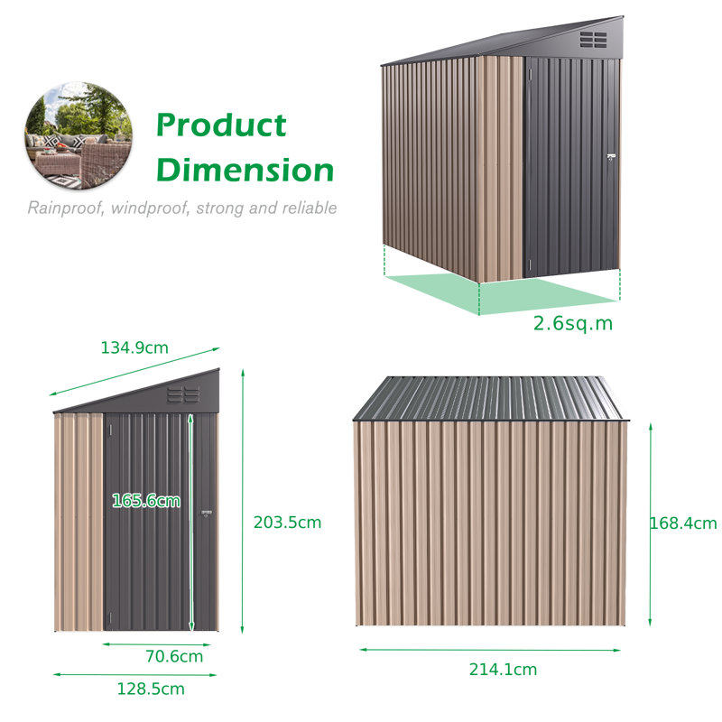 Blockus 4 ft. W x 7 ft. D Galvanized Steel Pent Garden Shed, Brown/Dark Gray