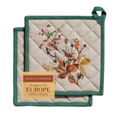 Maison d' Hermine Pot Holders Set 100% Cotton Heat Resistant Potholders 8" x 8" Hot Pads with Loop for Thanksgiving Christmas Decorations BBQ Cooking Baking Handling Hot Pans (Pack of 2, Recolte)