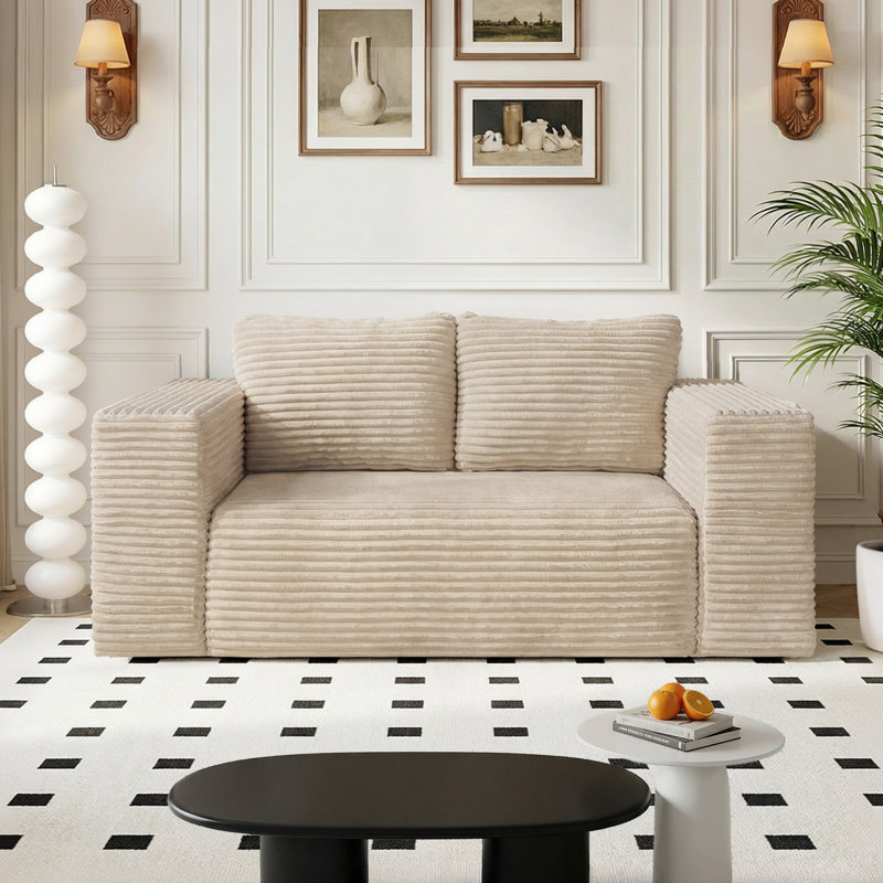  Causeuse en velours côtelé de 63 po de largeur avec 2 coussins, canapé moderne en mousse à haute densité de couleur chameau