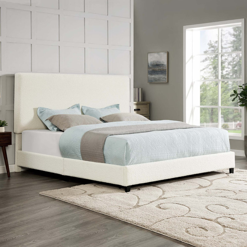 Aryia Boucle Upholstered Platform Bed, King, White
