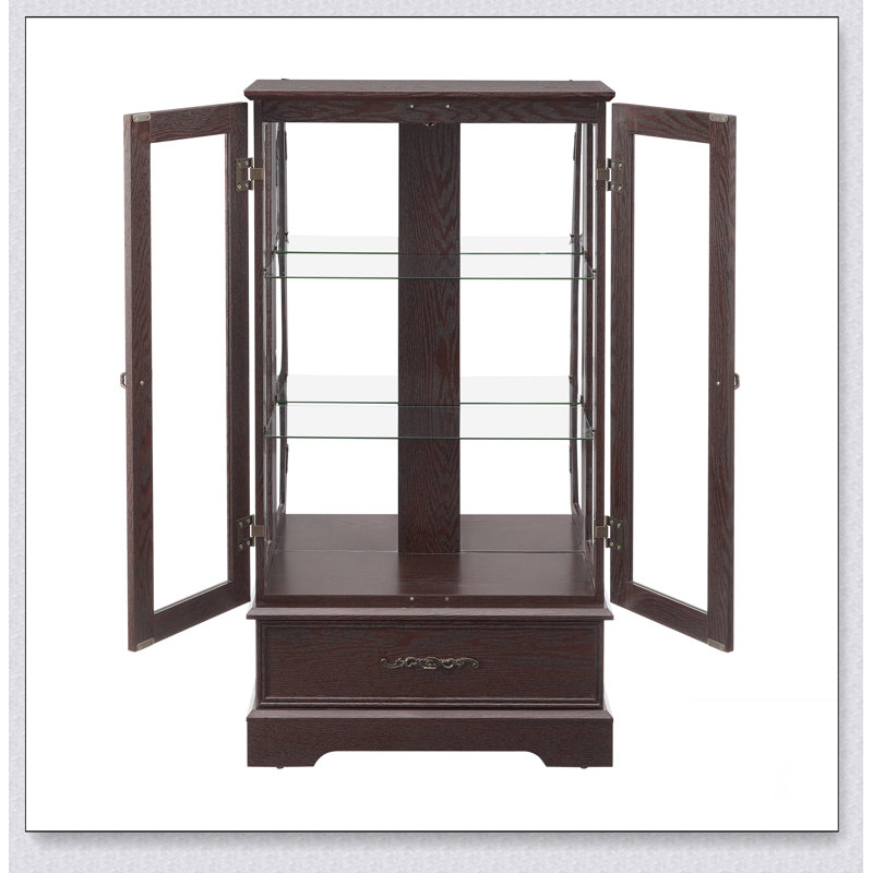 Oak Glass Cabinet with Adjustable Glass Shelves, 2 Doors, 1 Drawer And Light, Cherry