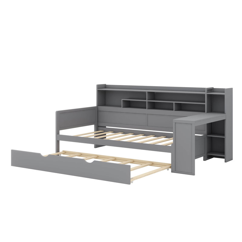 Lit de jour en bois avec tablettes de rangement, lit polyvalent avec lit gigogne escamotable et bureau d'étude intégré