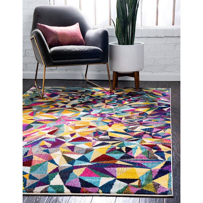 Tapis mauve / jaune / gris à motif géométrique Shirey, Rectangle 9 pi x 12 pi