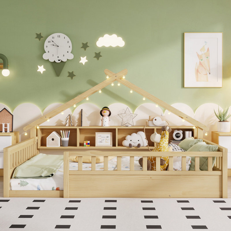 Wood Floor Bed With Storage Bookshelves And Light, Natural, Full