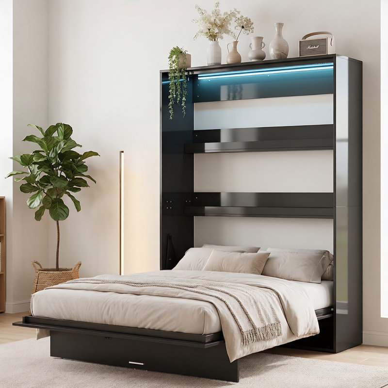 Lit escamotable double avec tablette de rangement intégrée et lumières DEL, peu encombrant, noir, Lit double, Noir