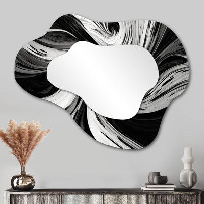 «Black White White Whirling Joy» - Spirale abstraite décorative en métal - Miroir mural moderne et irrégulier