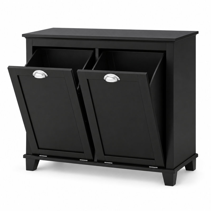 Armoire de rangement autoportante pour buanderie, salles de bain, buanderies et garde-robes, avec double compartiment avant inclinable et portes à panneaux.