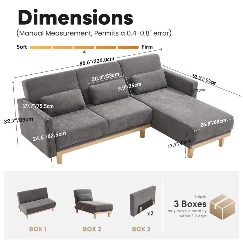 86.6'' 3-Level Adjustable Chenille Reversible L-Shaped Sectional, Chenille grise foncée