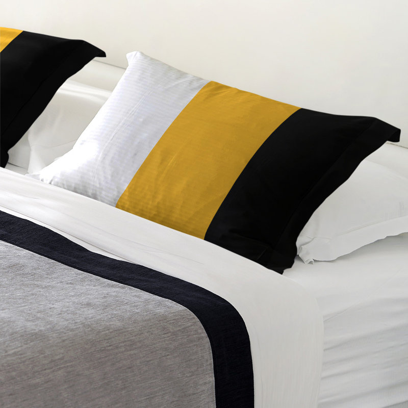Polyester Striped Sham Set, Standard, White/Pittsburgh Gold/Black, Brushed Polyester