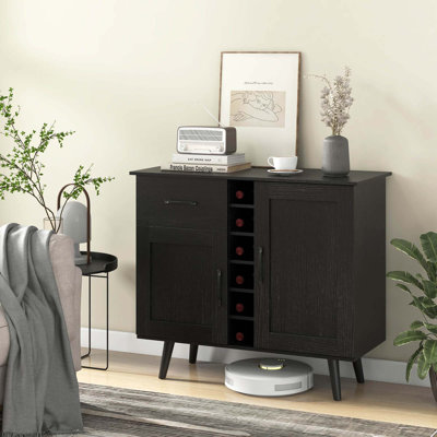 2-door Wine Bar Cabinet Kitchen Sideboard Buffet With Drawer & Adjustable Shelves Black by George Oliver