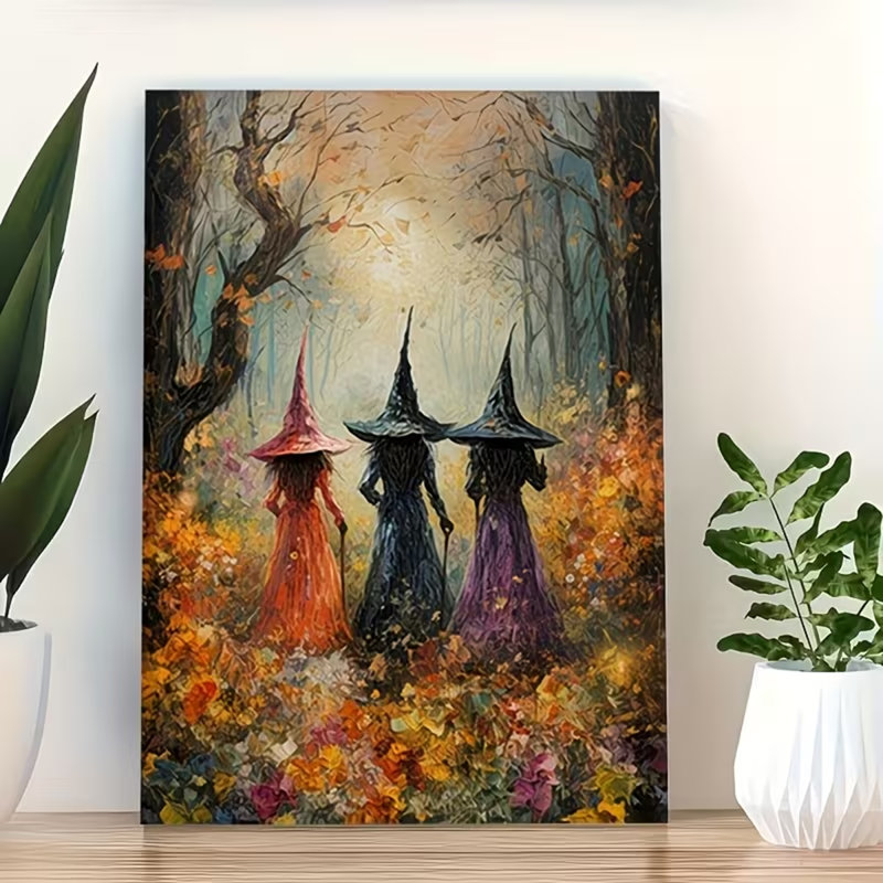 2D Flat, 1pc Framed Beautiful Witches Coven Scenic Canvas Painting Witches Poster Halloween Canvas Print Vintage Wall Art.