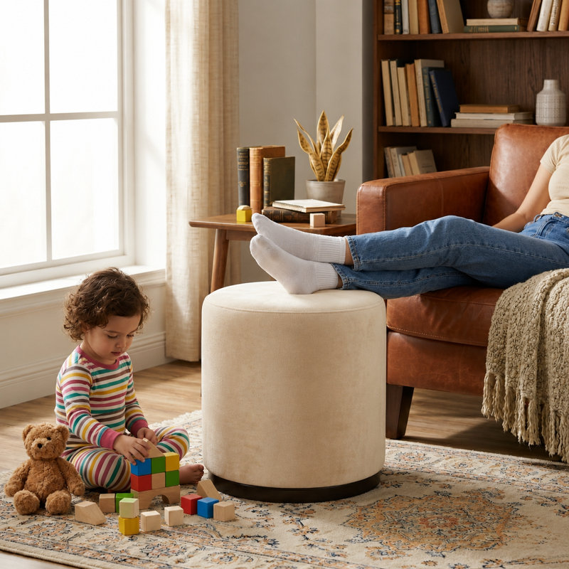 Modern Velvet Upholstered Ottoman Footstool Accent Pouffe for Living Room or Bedroom, Cream