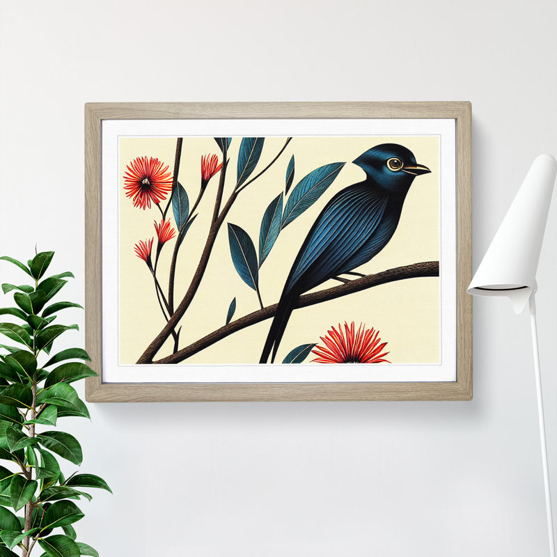 Bird Deco - Single Picture Frame Print, 46cm H x 64cm W x 2cm D, Oak Framed