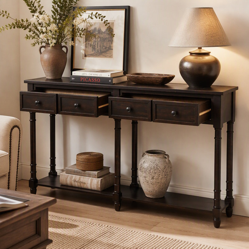 Console avec 2 tiroirs de rangement et tablette inférieure, 34" H x 58" W x 11.1" D, Espresso, Espresso, Espresso