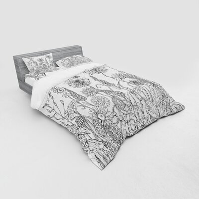 Sketchy Hand Drawn Garden with Various Flowers Leaves and Grass Image Duvet Cover Set -  Ambesonne, bsnev_26153_queen