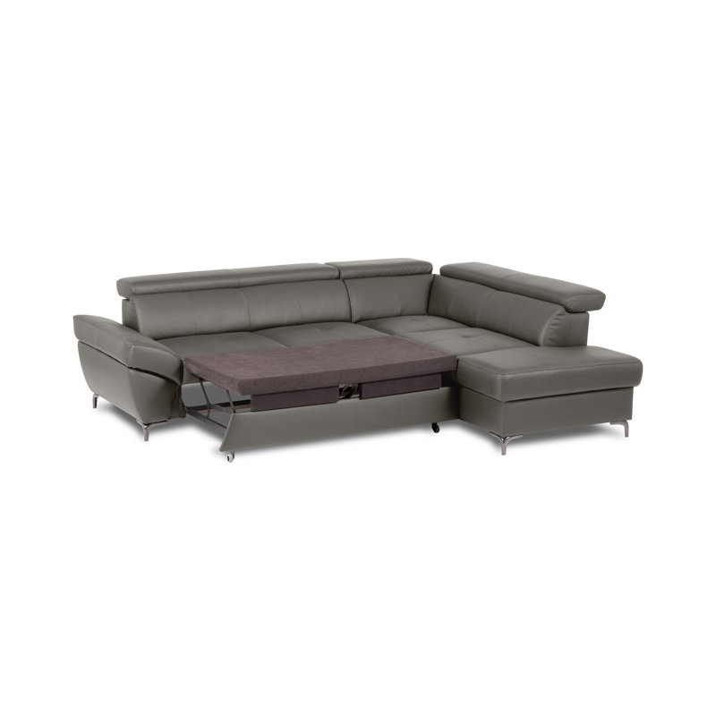 CAPRI Genuine Leather Corner Sofa with Pull-Out Bed and Storage and Adjustable Headrests, Right Hand Facing, Dark Grey