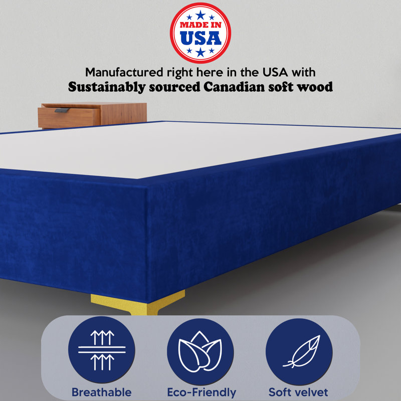 Karvin 15" Premium Velvet Material Wood Box Spring/Bed Frame, Durable, Stylish, Multi Color, Full XL, Blue