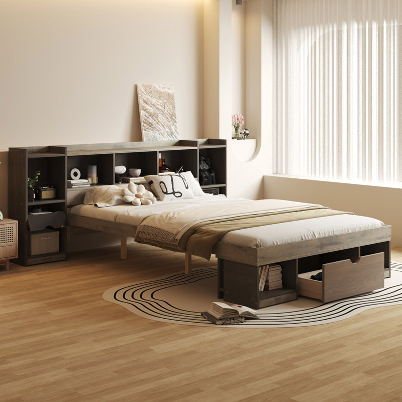 Lit plateforme en bois avec tête de lit à rangement multiple et tiroir, Gris