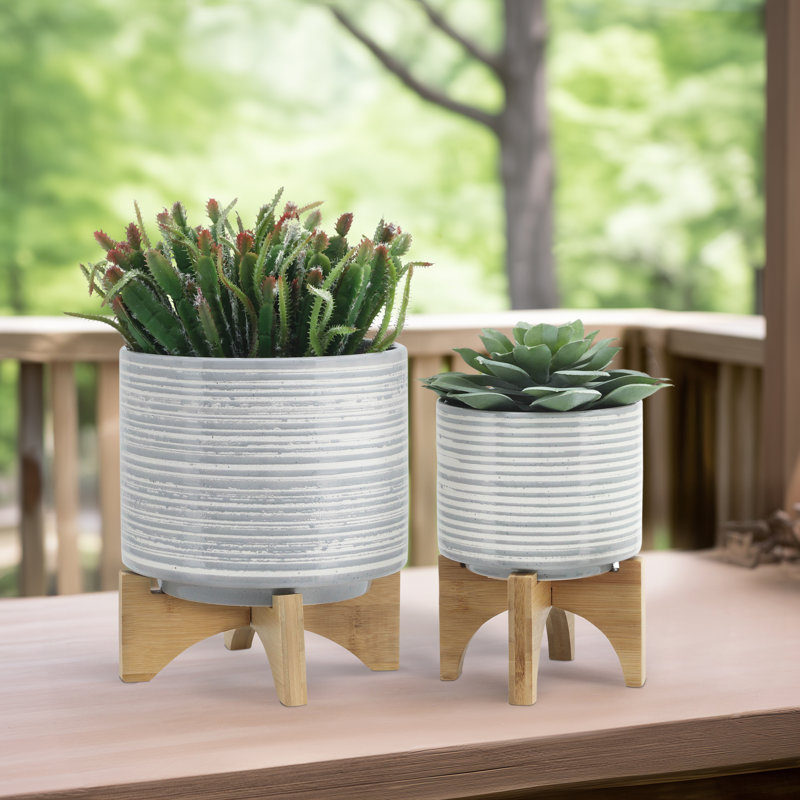 Pot à fleurs en céramique sur support en bois Baltz | Pot moderne en grès avec base décorative, Rayé gris, 2