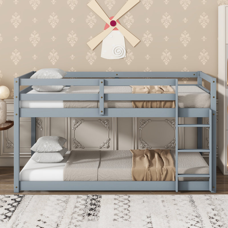 Hedra Twin Over Twin Bunk Bed With Ladder And Storage, Solid Rubber Wood Construction, Gray